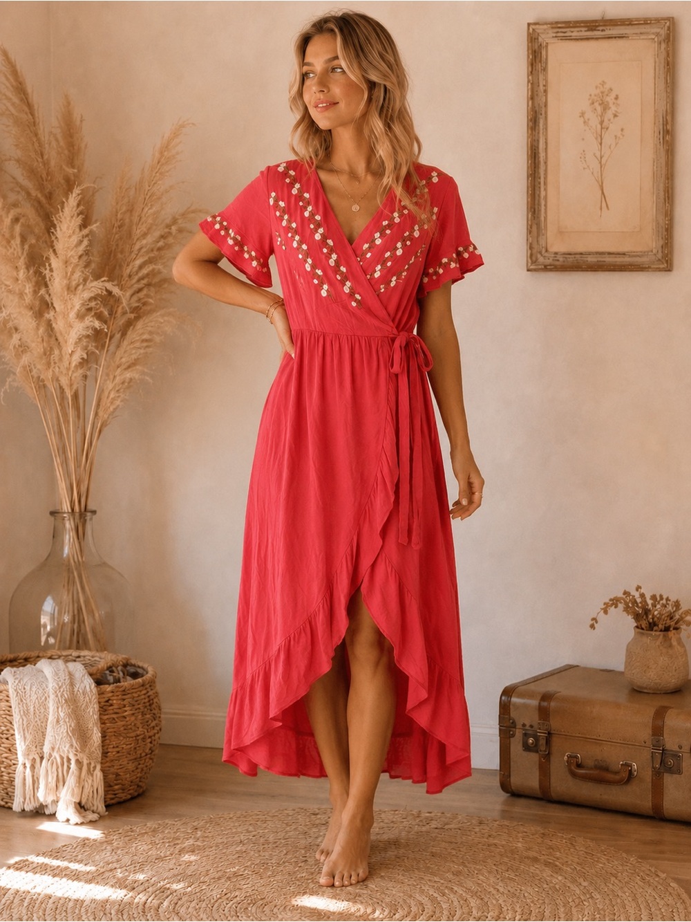 JODIFL Pumpkin Orange Embroidered Wrap Midi Dress